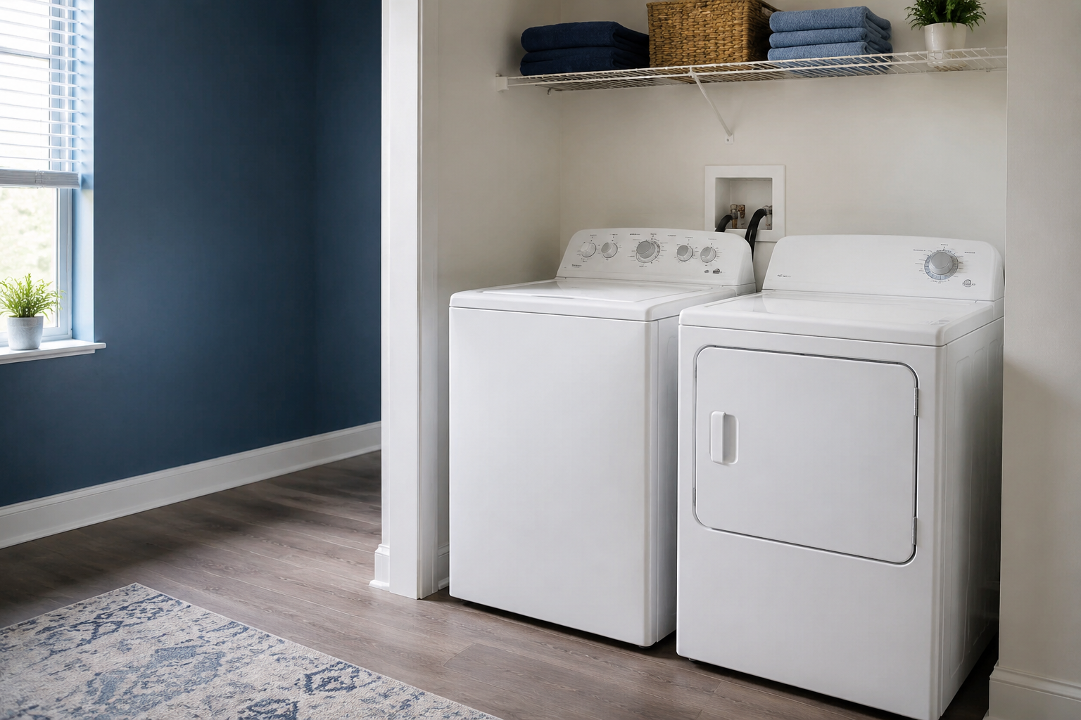 A clean washer and dryer set installed in a bright home laundry space